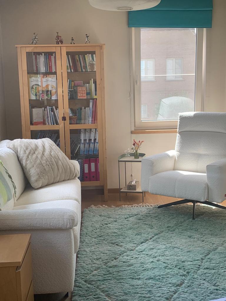 Pièce lumineuse avec un canapé, un fauteuil, un tapis et une vitrine. 